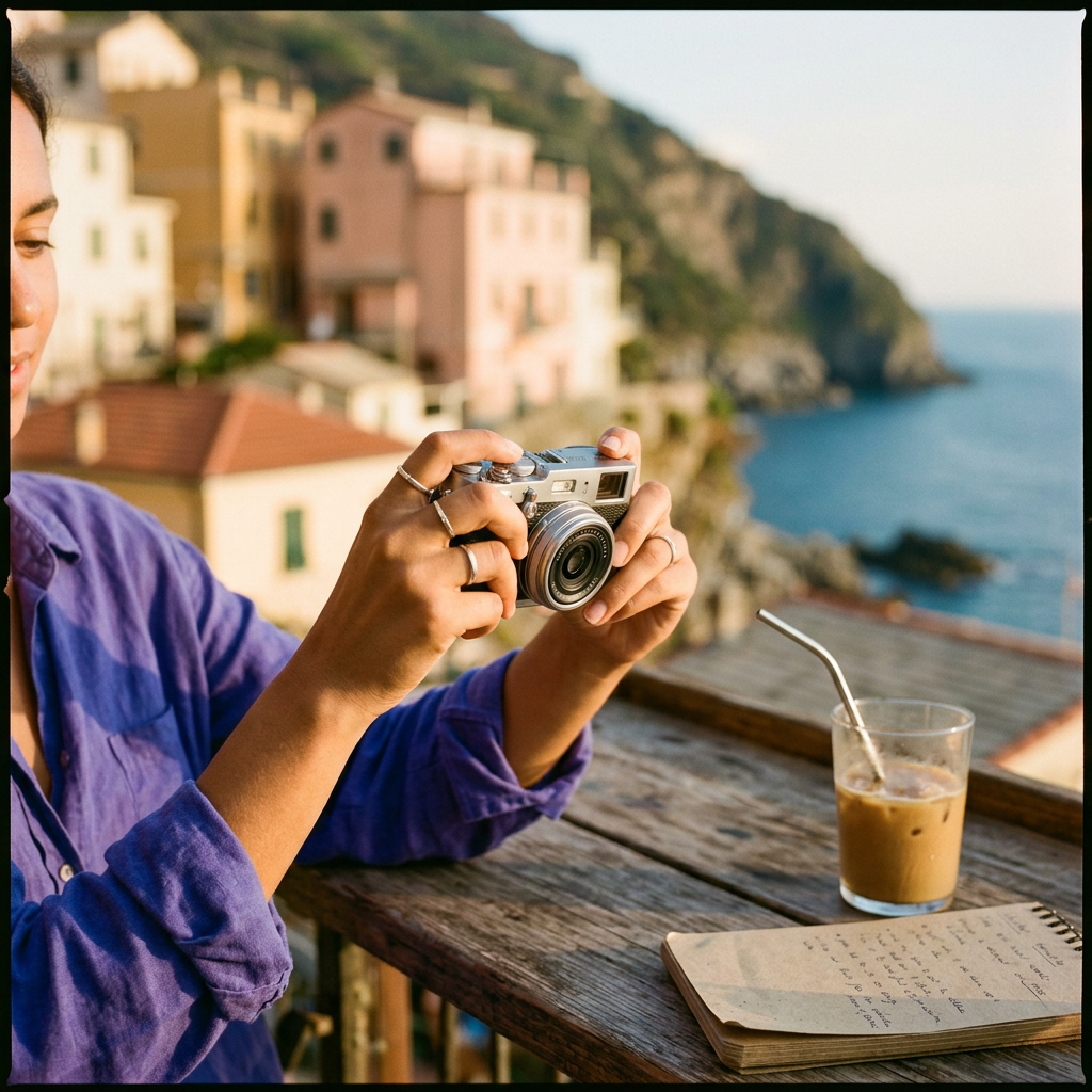 A creative moment: a compact camera, a notebook, and a sunlit café